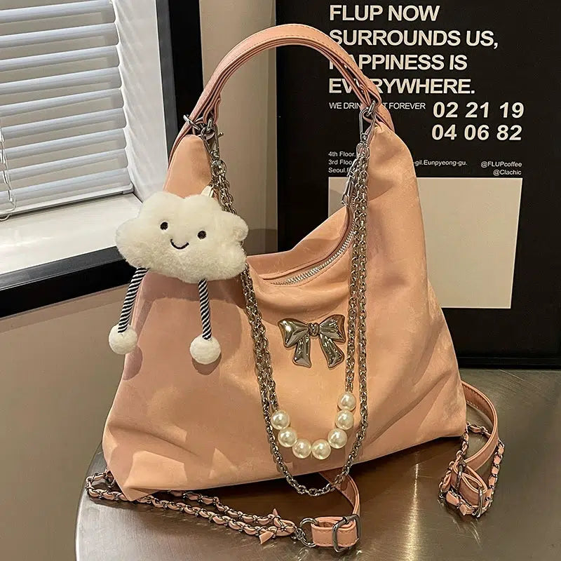 Plush Decorative Pearl Chain Tote Bag