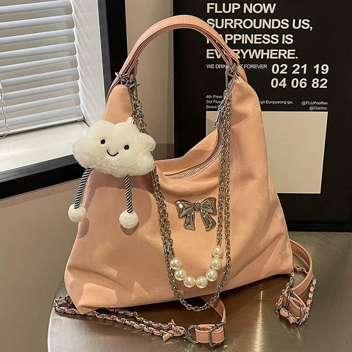 Plush Decorative Pearl Chain Tote Bag