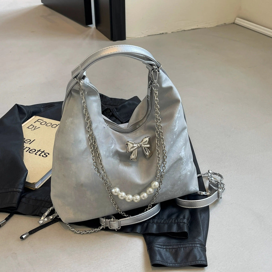 Plush Decorative Pearl Chain Tote Bag