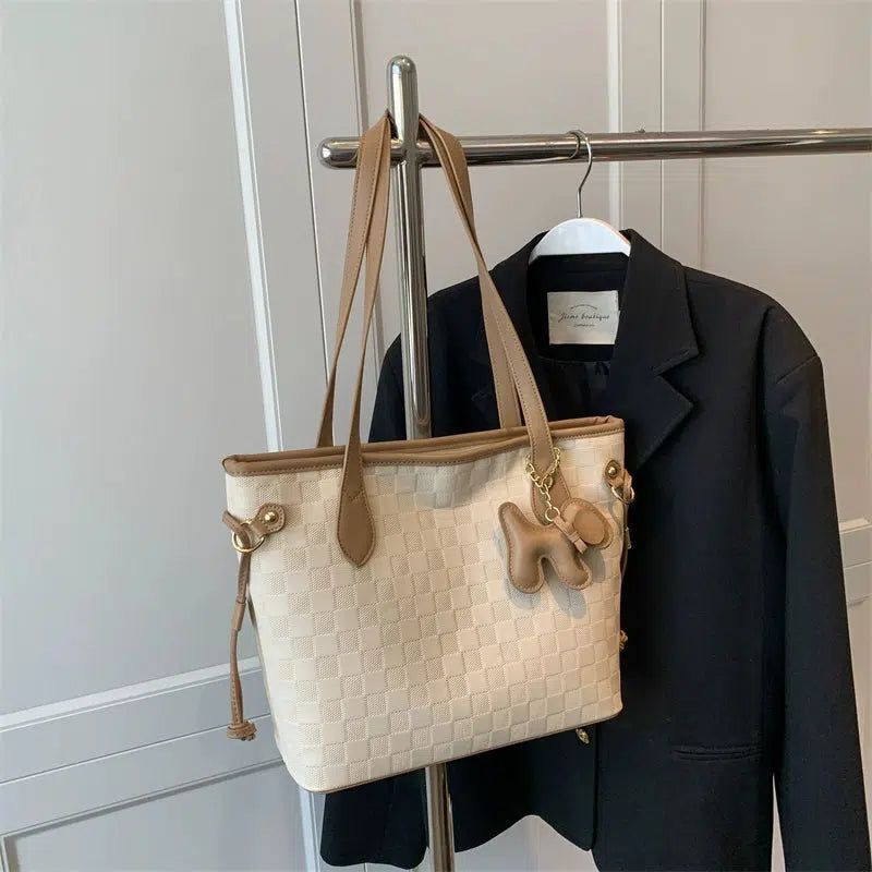 Plush Keychain Checkered Tote Bag