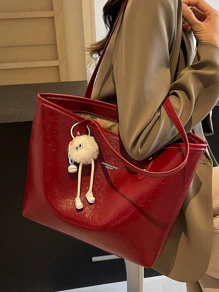 Pom Keychain Stylish Leather Tote Bag