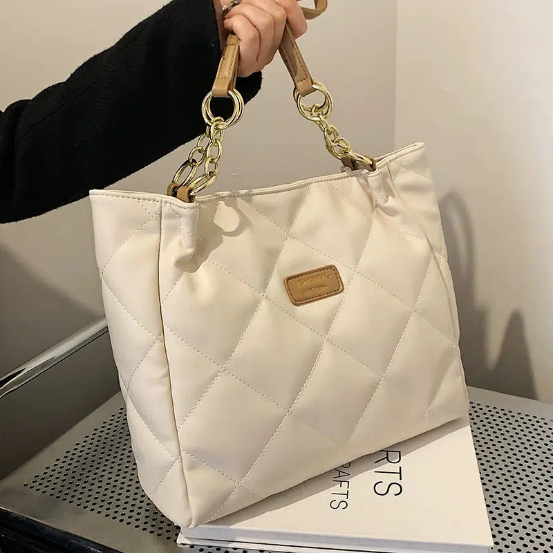 Quilted Chain Handles Leather Tote Bag