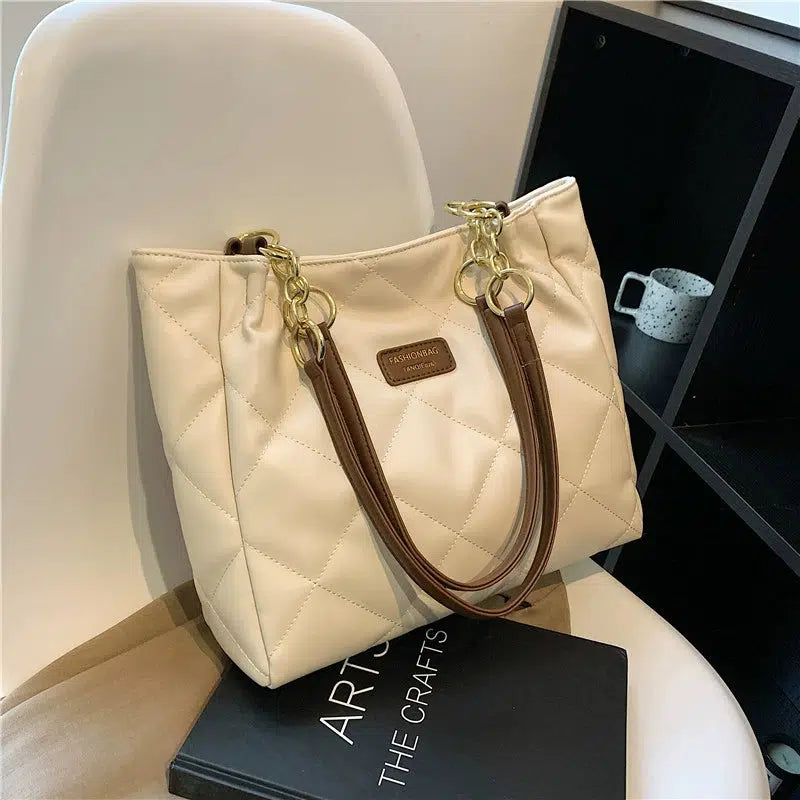 Quilted Chain Handles Leather Tote Bag