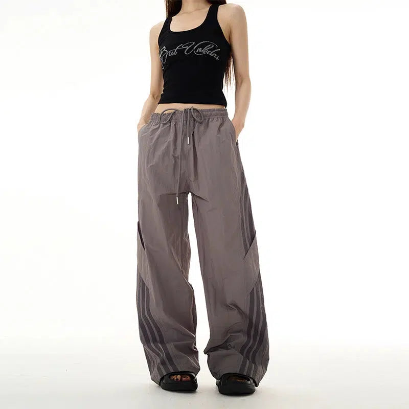 Retro Three-Bar Elastic Waist Casual Pants