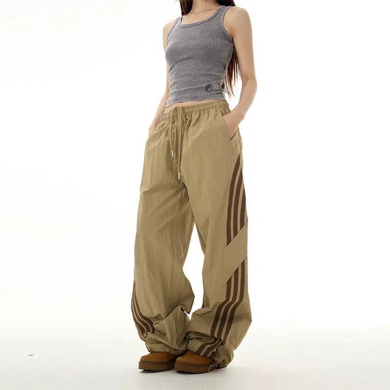Retro Three-Bar Elastic Waist Casual Pants