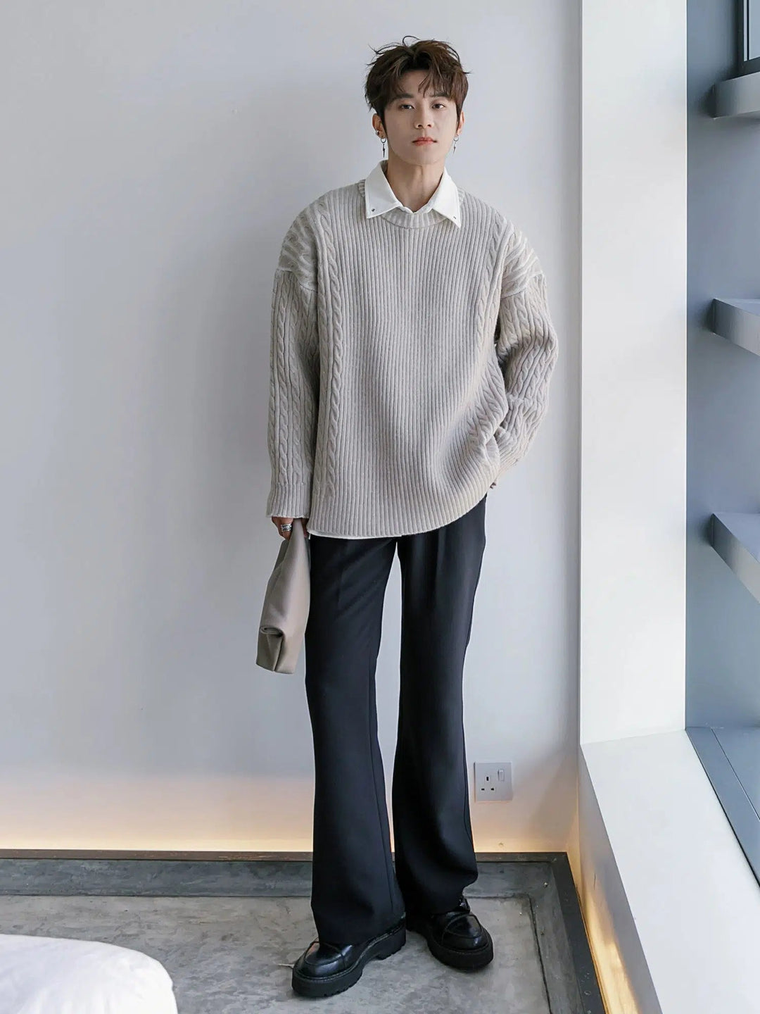 Ribbed Hem Cable Knit Sweater