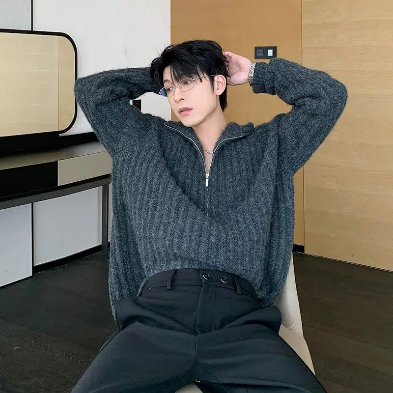 Ribbed High-Neck Knit Sweater