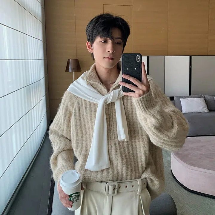 Ribbed High-Neck Knit Sweater