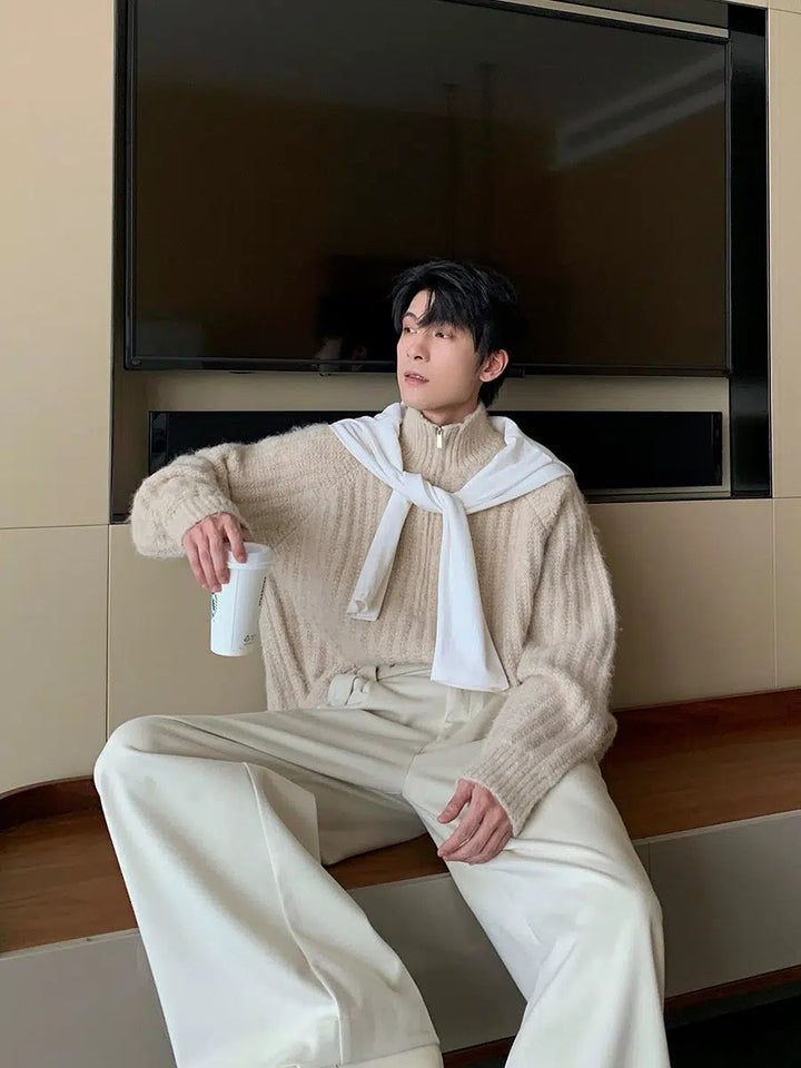 Ribbed High-Neck Knit Sweater