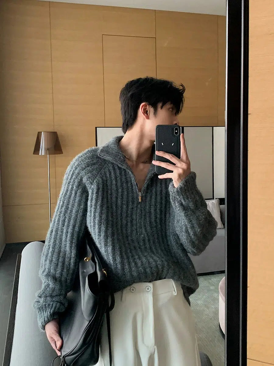 Ribbed High-Neck Knit Sweater