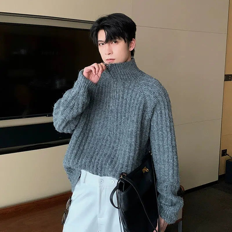 Ribbed High-Neck Knit Sweater