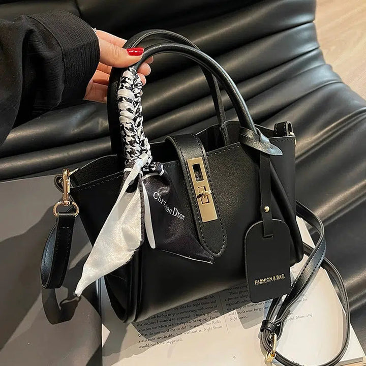 Scarf Accent Leather Bucket Bag