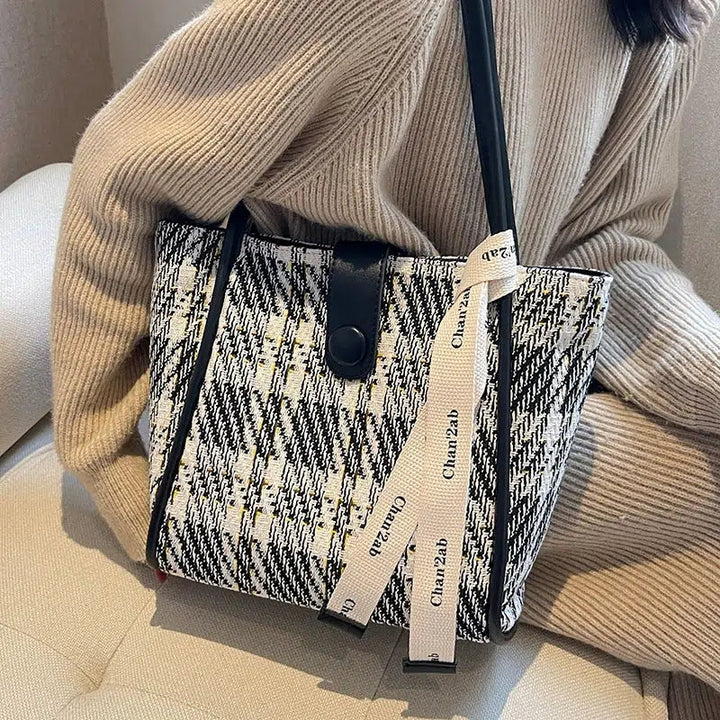 Shoulder Strap Checkered Tote Bag