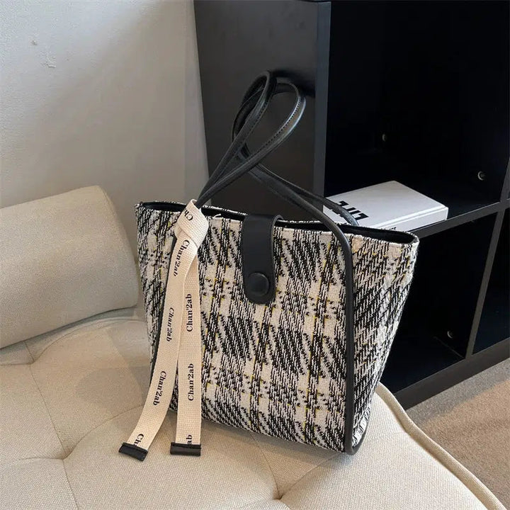 Shoulder Strap Checkered Tote Bag