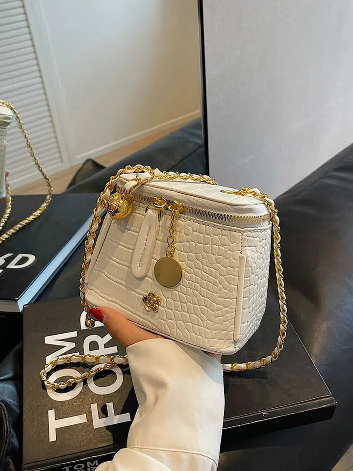 Square Crocodile-Embossed Chain Bag