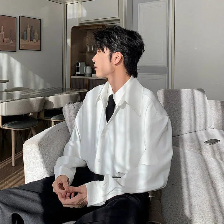 Stitching Long-Sleeve Button-Up Shirt