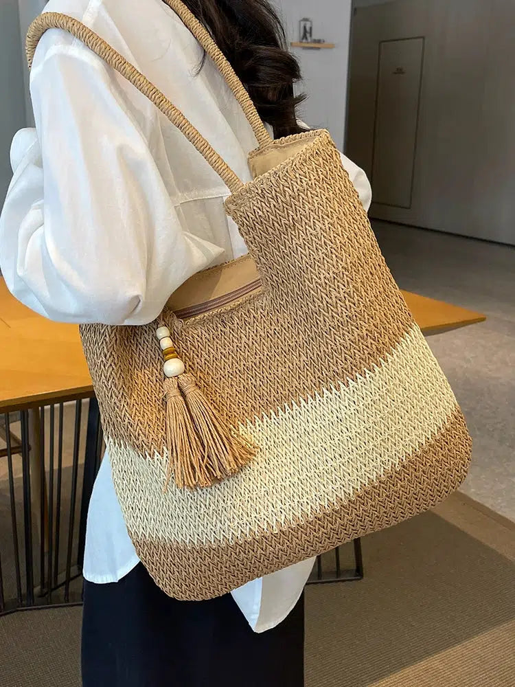 Tassel Decor Handwoven Straw Tote Bag