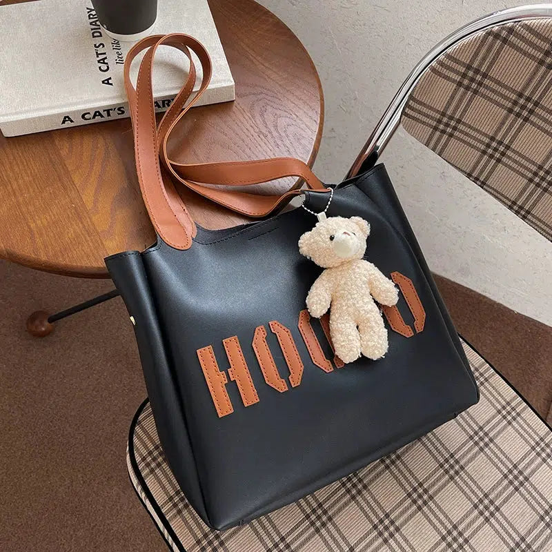 Teddy Bear Charm Letter Print Tote Bag