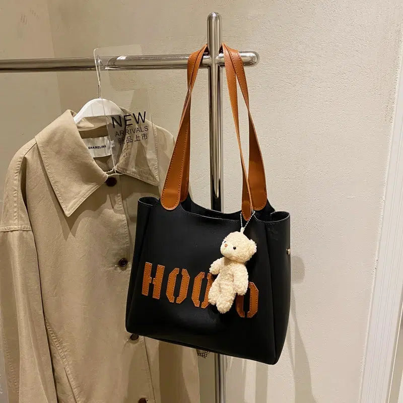 Teddy Bear Charm Letter Print Tote Bag