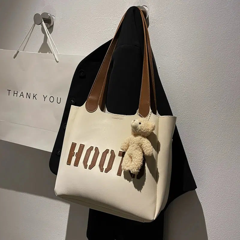 Teddy Bear Charm Letter Print Tote Bag
