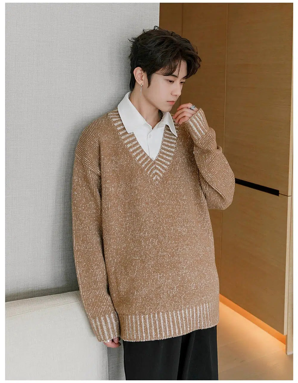 V-Neck Knit Sweater with Striped Trim