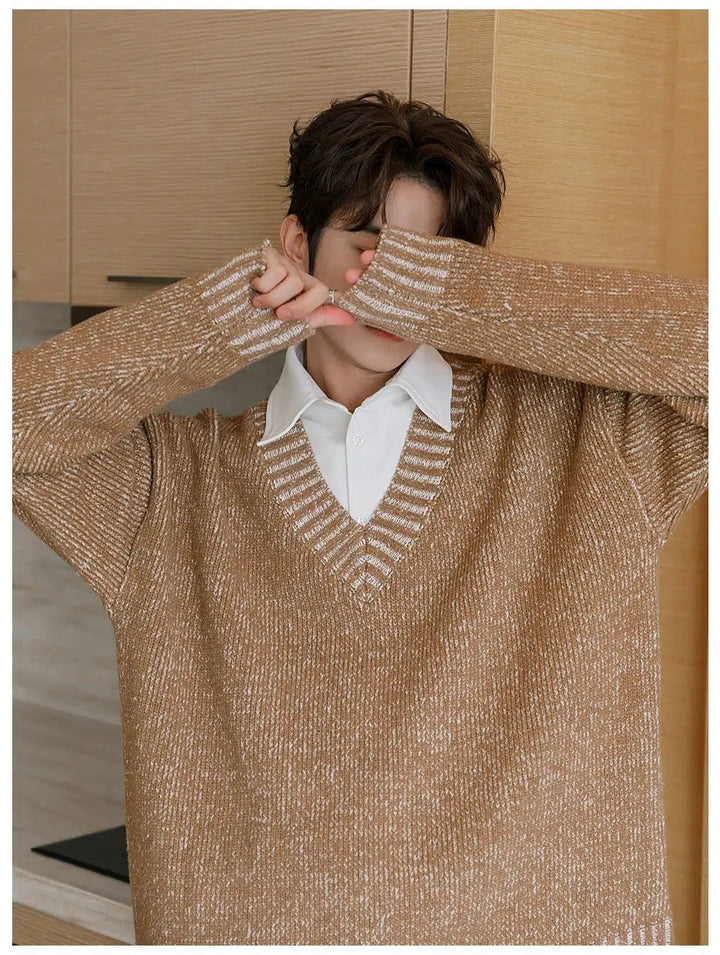 V-Neck Knit Sweater with Striped Trim