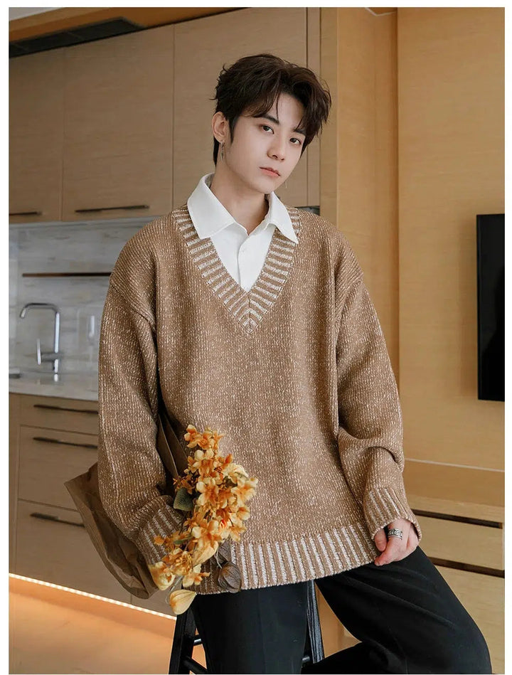 V-Neck Knit Sweater with Striped Trim