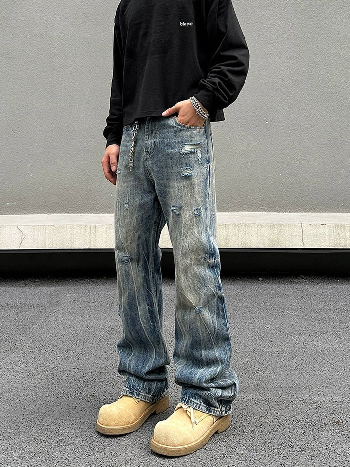 Washed Ripped Straight-Leg Denim Pants