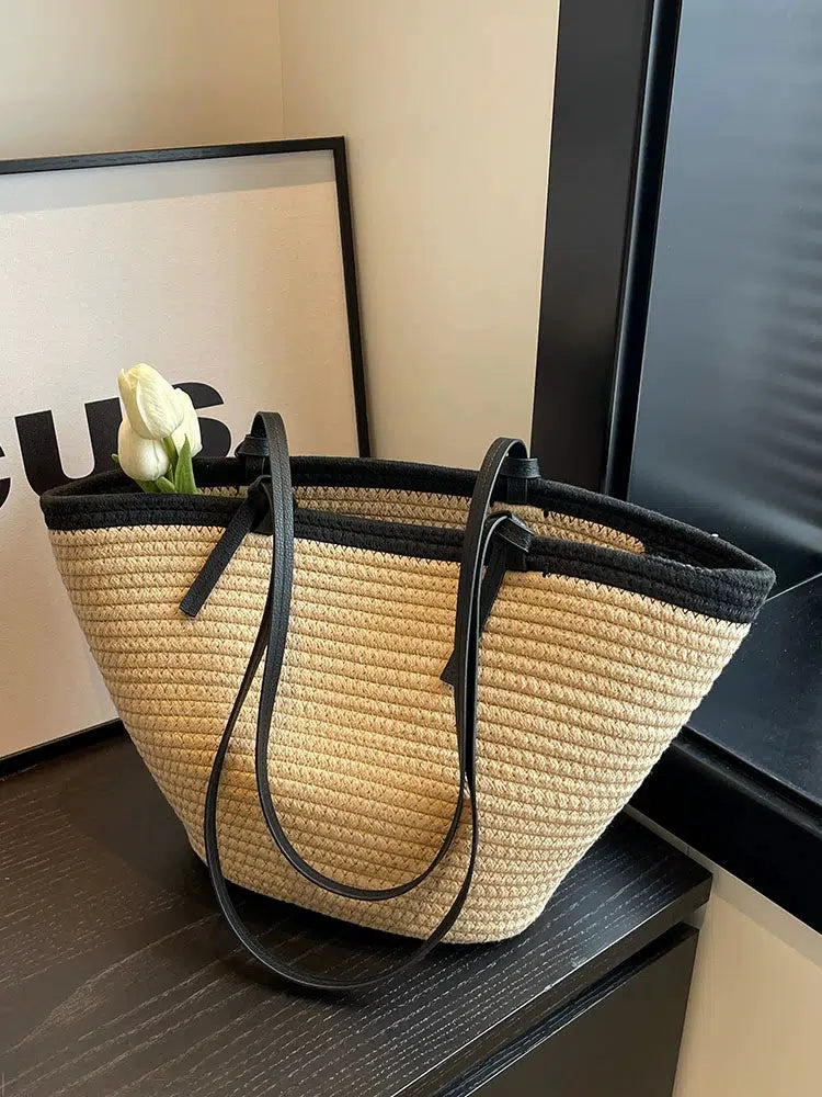 Woven Straw Leather Straps Tote Bag