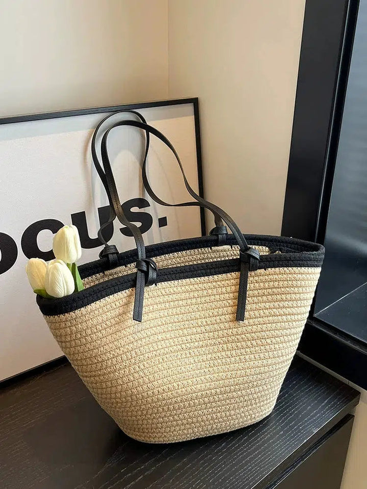 Woven Straw Leather Straps Tote Bag