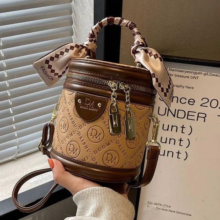 Zipper Closure Embossed Bucket Handbag