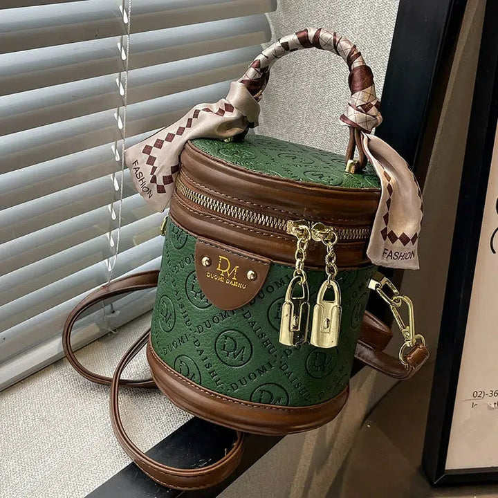 Zipper Closure Embossed Bucket Handbag