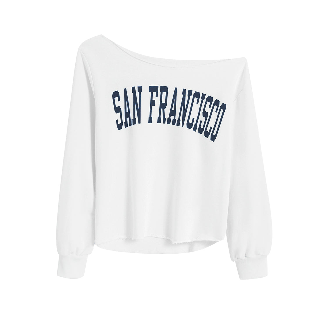 Letter Print Off-Shoulder Long Sleeve Top