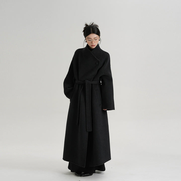 Mid-Length Wool Coat with Oblique Collar