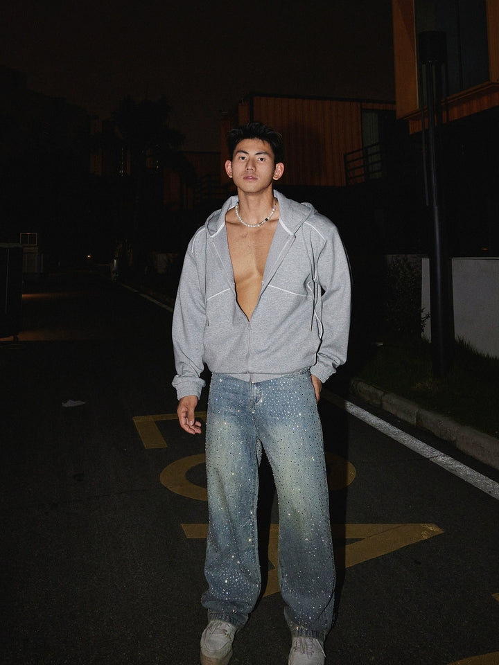 Pantalons droits rétro ornés de diamants