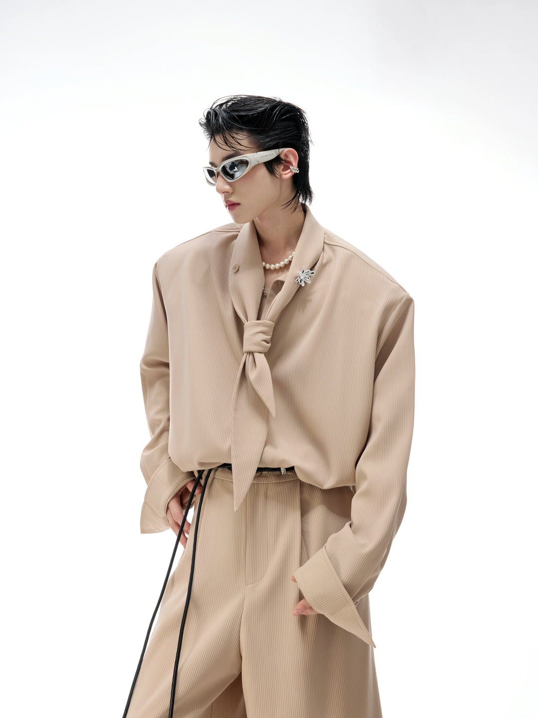 Flowing Scarf Shirt and Wide-Leg Pants
