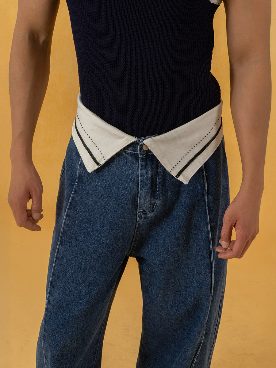 Fold Waist Wide Leg Straight Pants