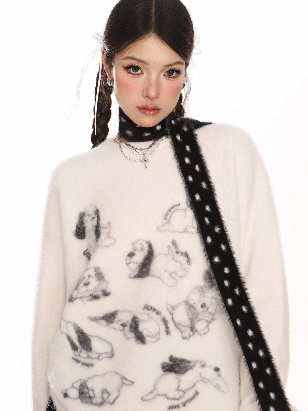 Pull en mohair avec impression de chiot et écharpe