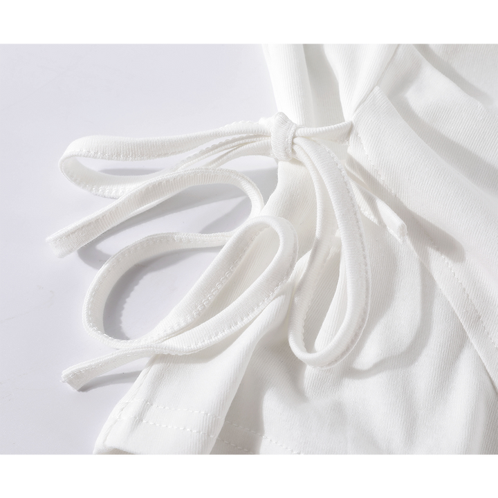 Oblique Collar Pleated Tie Waist Top