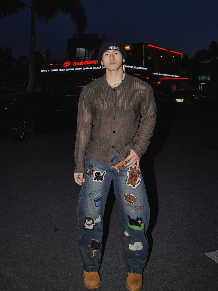Hollow Knit Button-Up Sweater