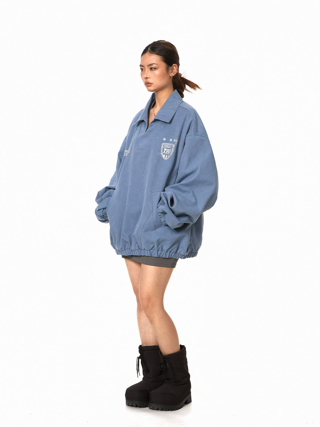 Retro Distressed Denim V-Neck Pullover