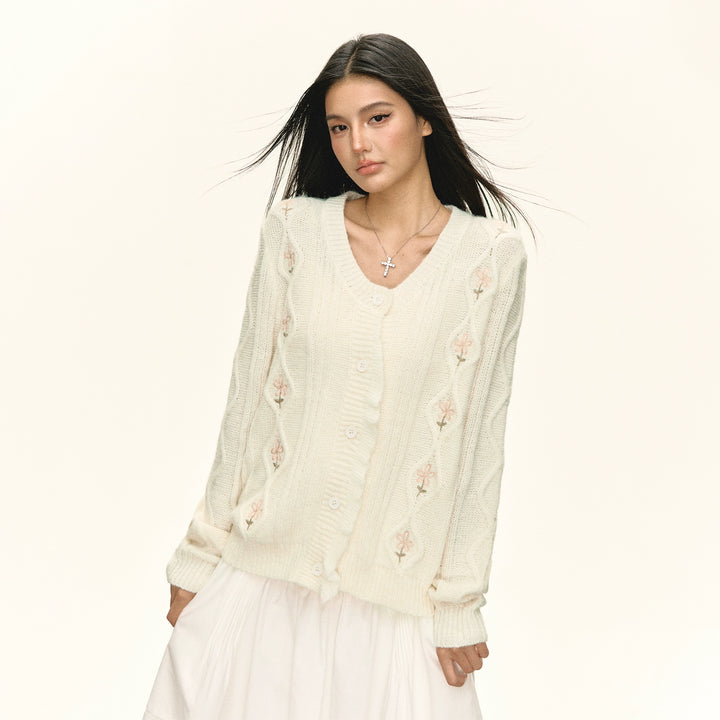 Knit Embroidered Button Cardigan