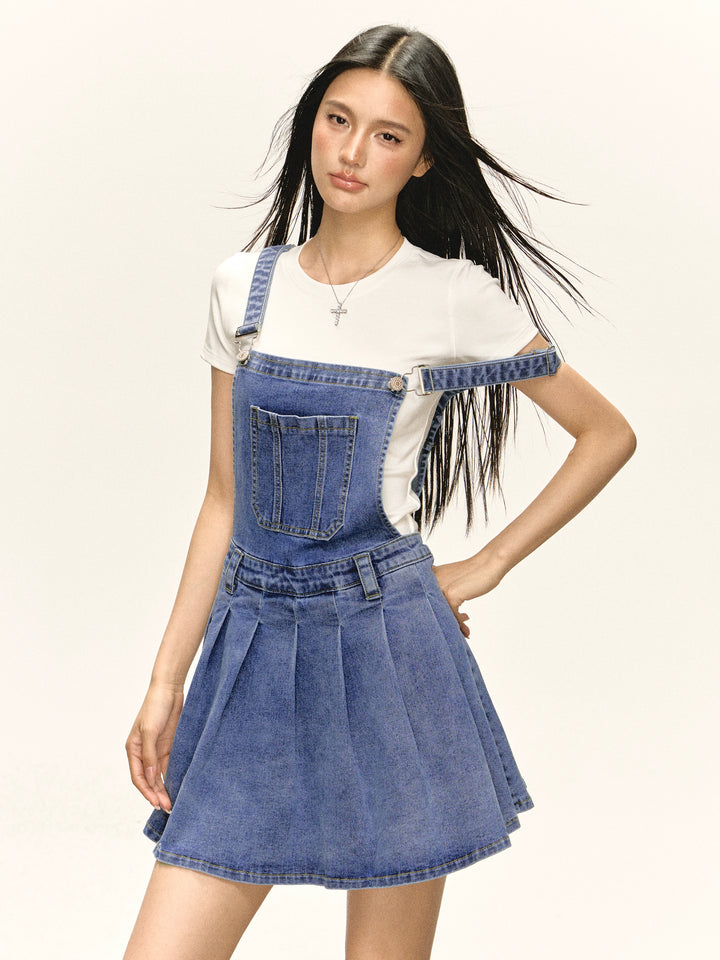 Denim Overall Dress Pleated Skirt