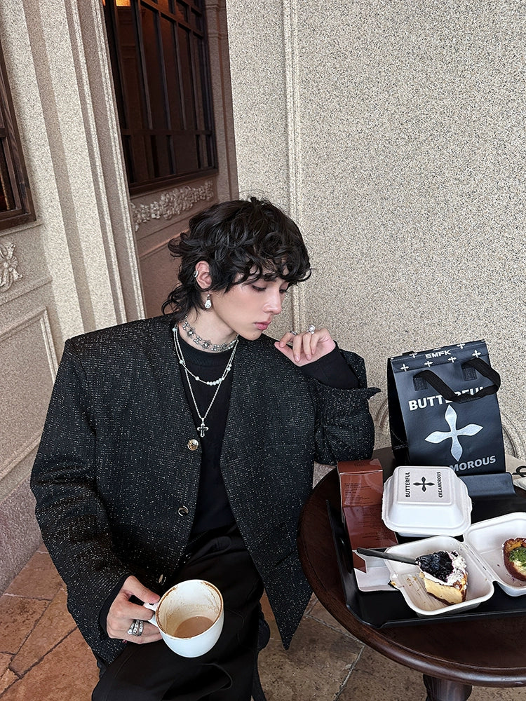 V-Neck Loose Fit Textured Jacket