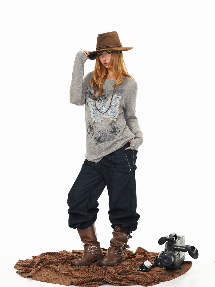 Butterfly Embroidery Sheer Long Sleeve Pullover
