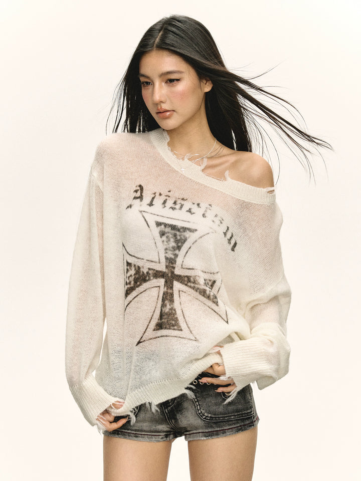 Distressed Loose Knit Long Sleeve Sweater