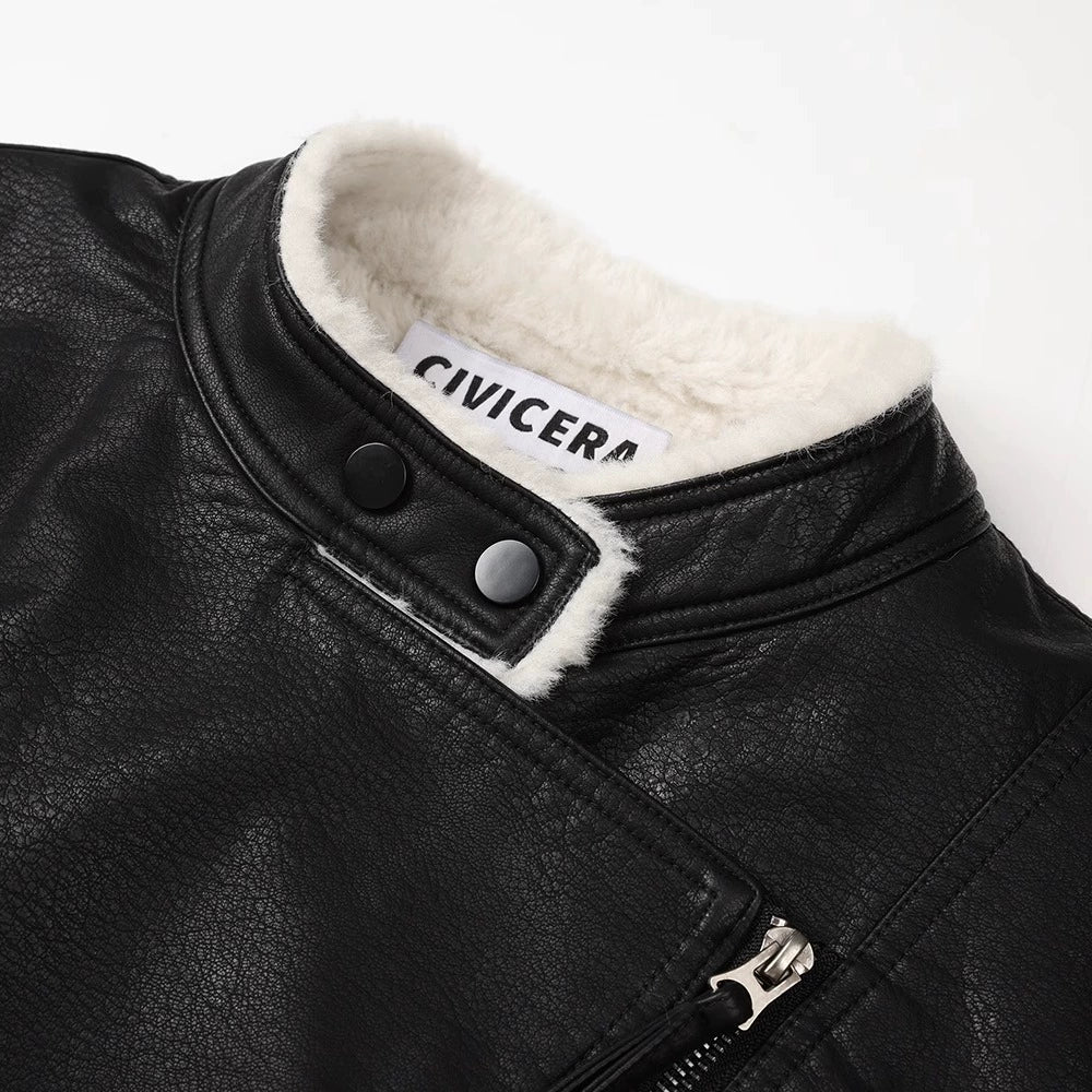 جاكيت جلد PU بياقة علوية عتيقة