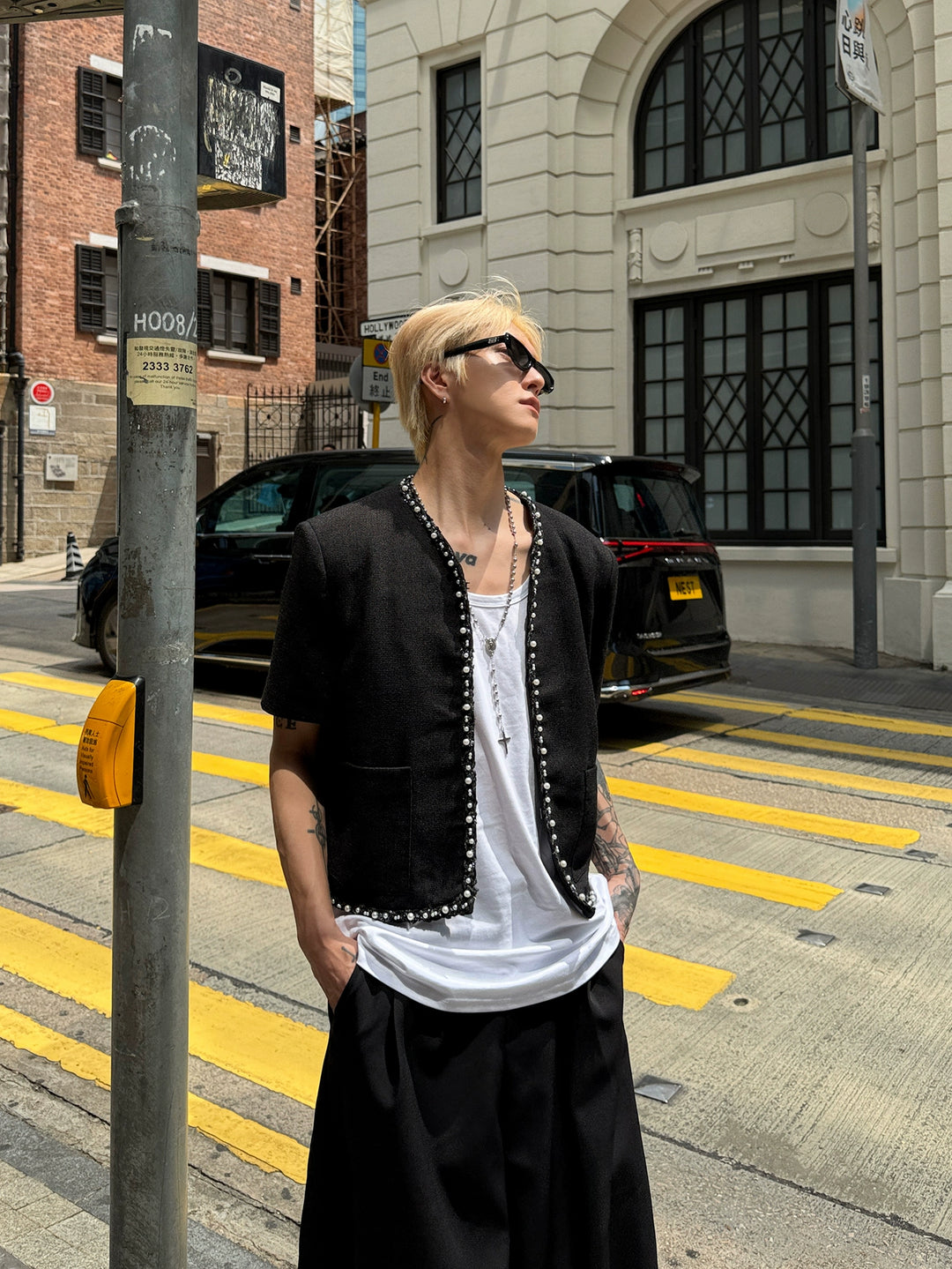 Pearl Trim Woven Short Sleeve Jacket