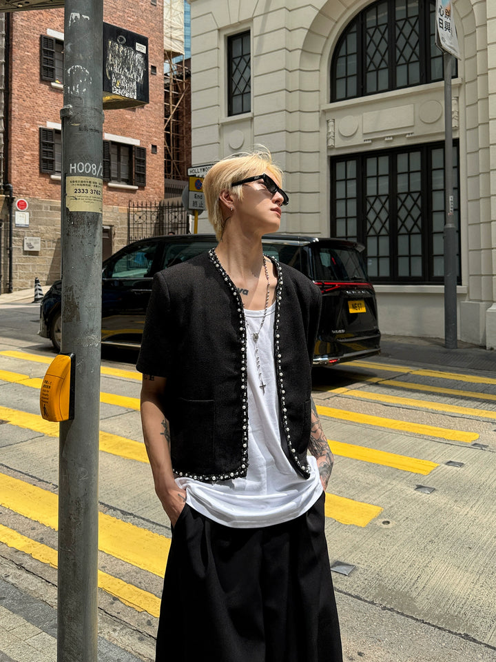 Pearl Trim Woven Short Sleeve Jacket
