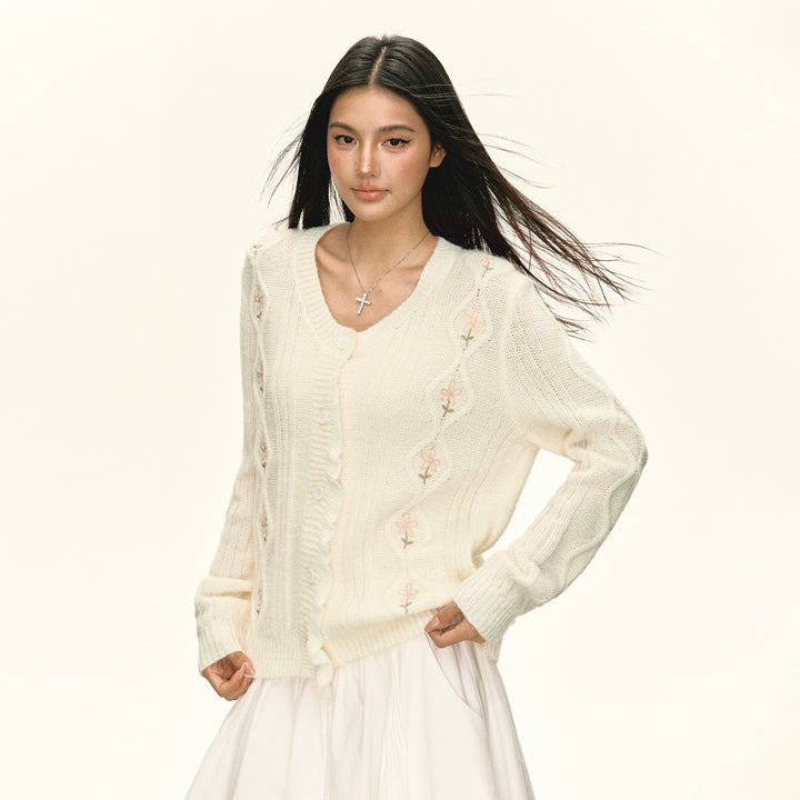 Knit Embroidered Button Cardigan